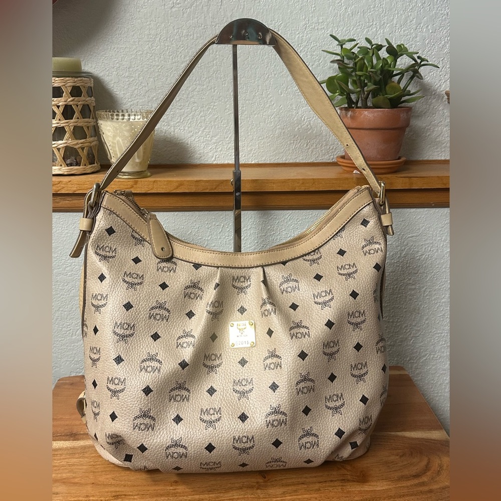 MCM Beige Visetos Coated Canvas and Leather Zipped Shoulder Bag